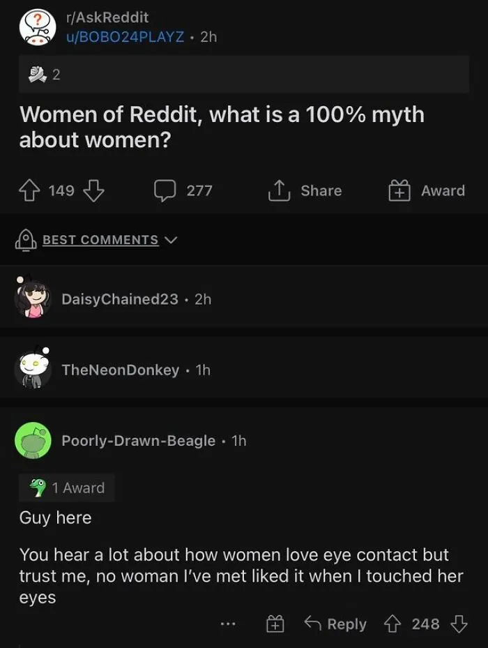 A user replied to a post with a funny joke about eye contact.