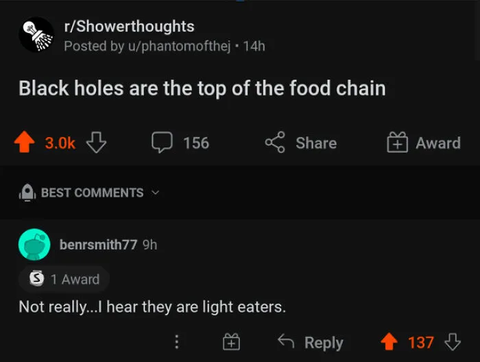 A clever reply to a Reddit post about black holes being light eaters.
