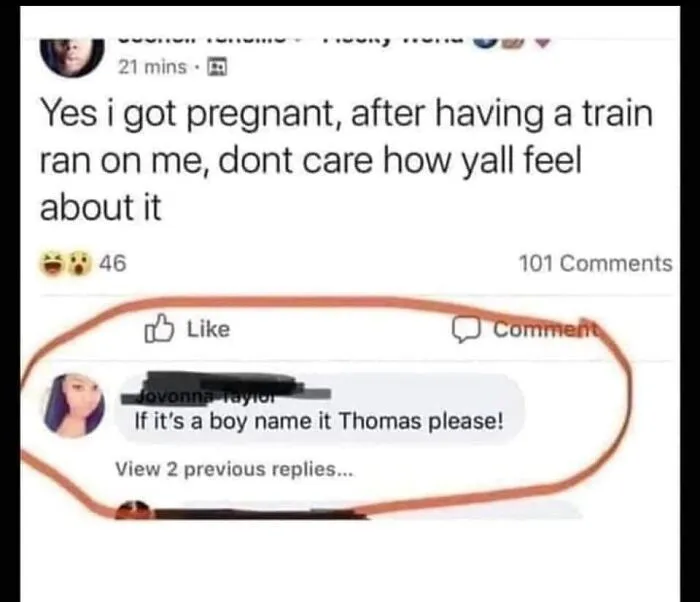 A funny post and clever reply about naming a baby Thomas.