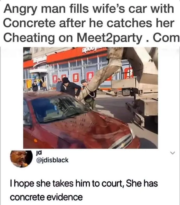 News article screenshot of a car filled with concrete where someone replied to a post cleverly with a pun.