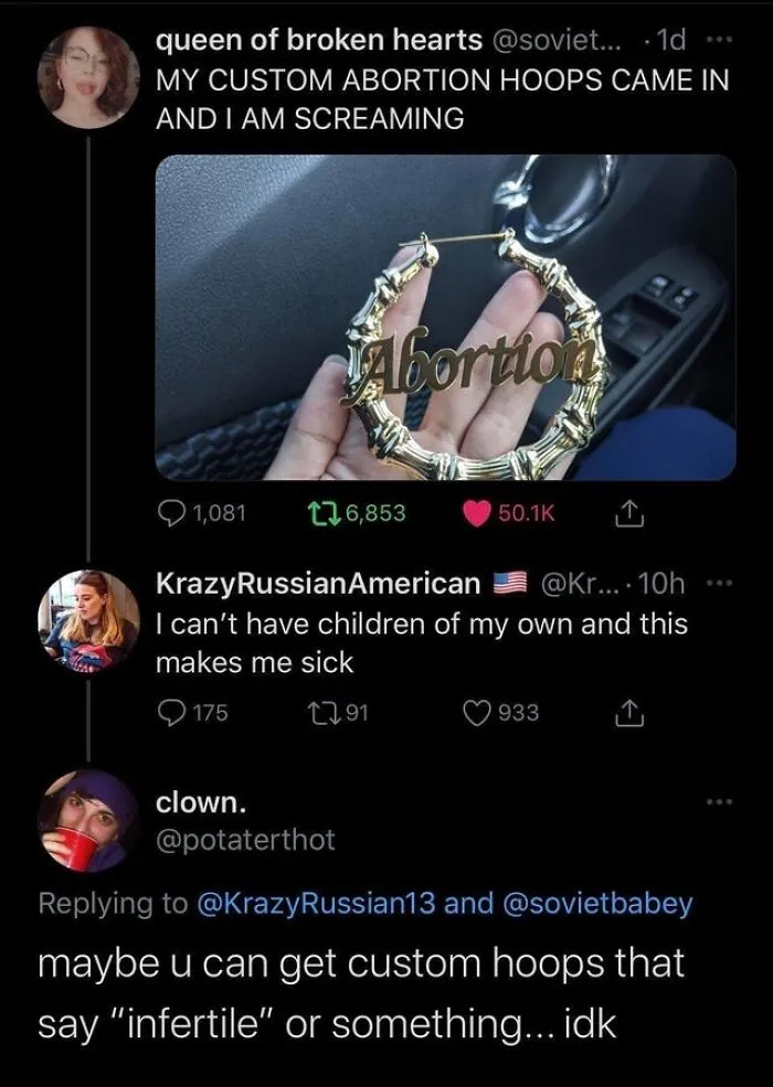 Twitter thread showing custom earrings where someone replied to a post cleverly with a sarcastic suggestion.