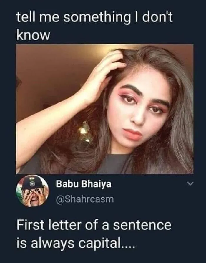 Social media screenshot showing a girl asking a question and someone replied to a post cleverly with a grammar rule.