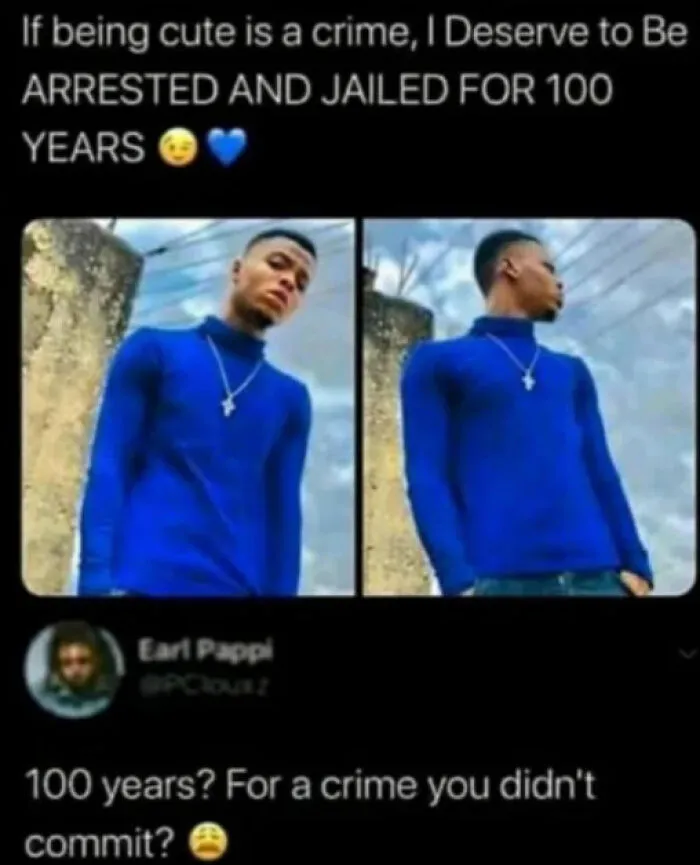 A man posing in a blue shirt with a cleverly replied comment roasting his claim about being arrested for being cute.