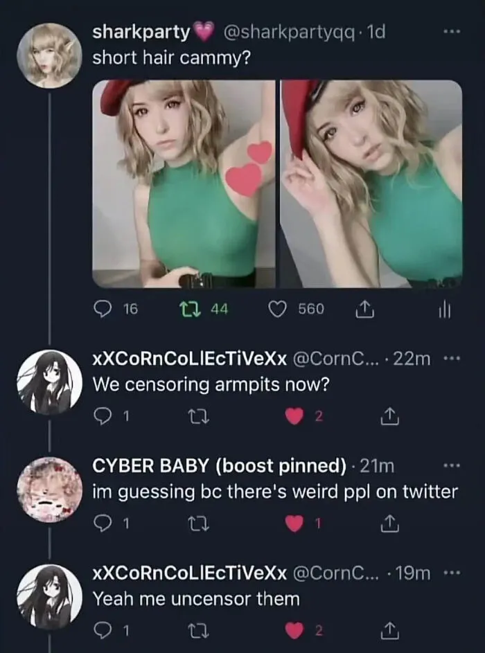 Social media interaction cleverly replied to a cosplay post, featuring humorously censored armpits.