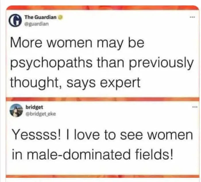 Twitter exchange showing a user who replied to a post cleverly about women in male-dominated fields.