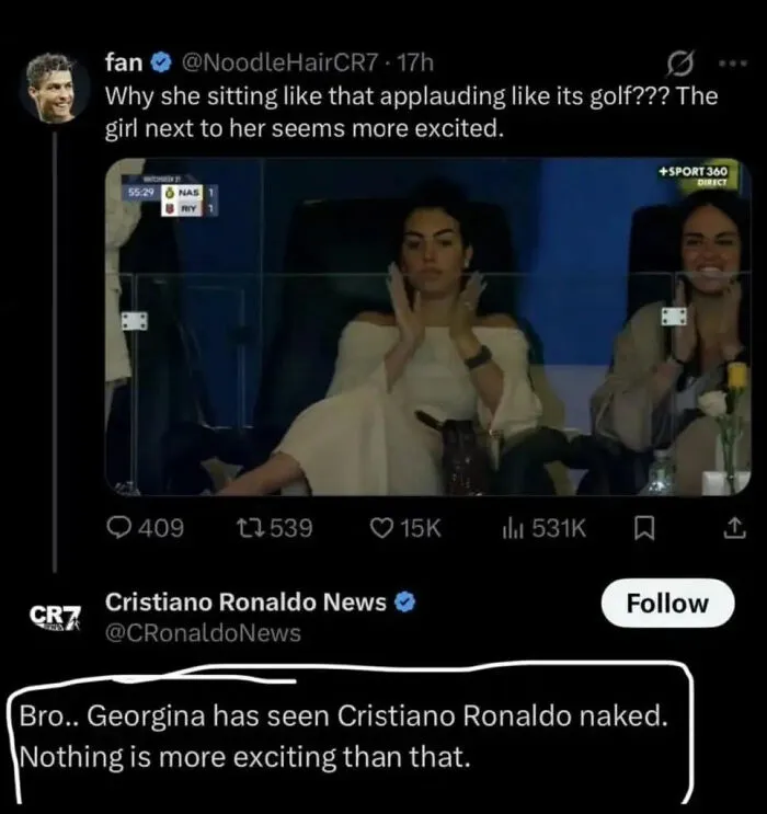 Social media screenshot showing a user who replied to a post cleverly about Georgina watching Cristiano Ronaldo.