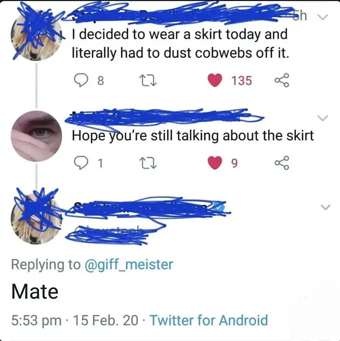 Twitter thread where someone replied to a post cleverly about wearing a skirt and dusting off cobwebs.
