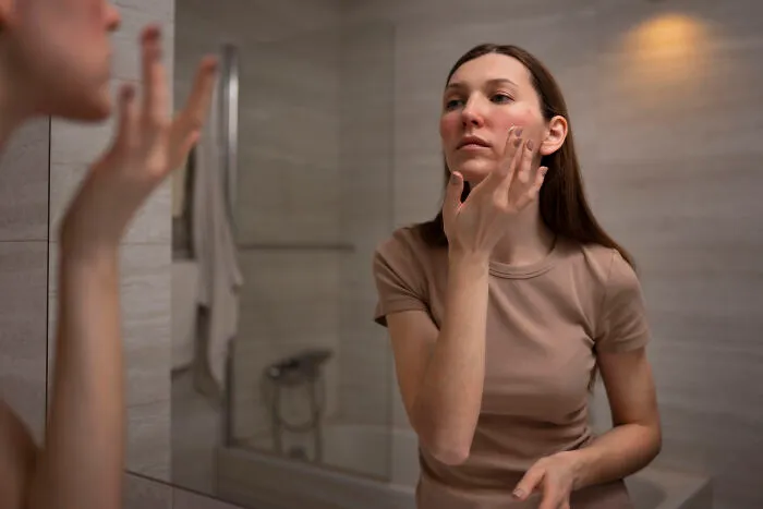 Woman applying face cream while looking in a bathroom mirror, treating Gen Z health problems like acne.