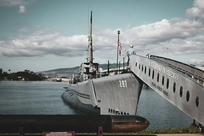 Historic USS Bowfin submarine docked at Pearl Harbor memorial