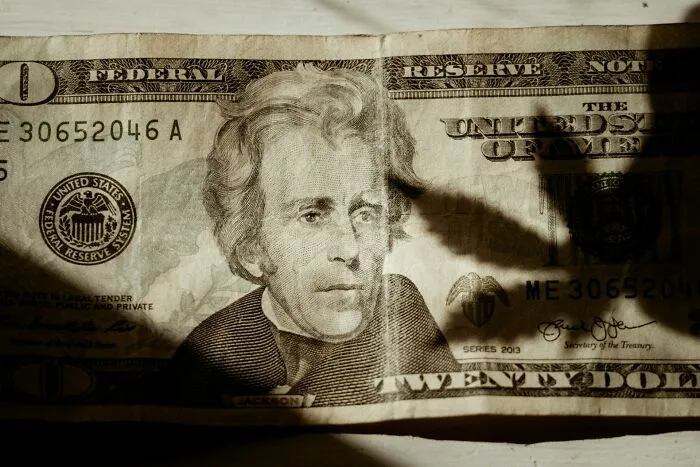 US twenty dollar bill showing Andrew Jackson with shadow hand, jerk moment
