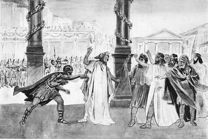 Historic illustration of betrayal moment in ancient history jerk event