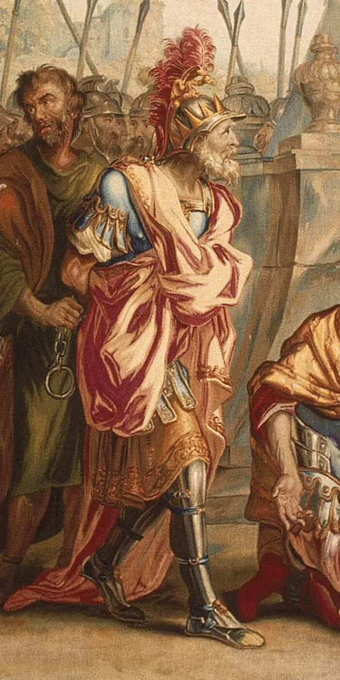 Historical painting of armored knight and soldier with chains