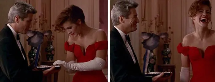 Richard Gere showing Julia Roberts a necklace box in a classic scene featuring famous movie props.