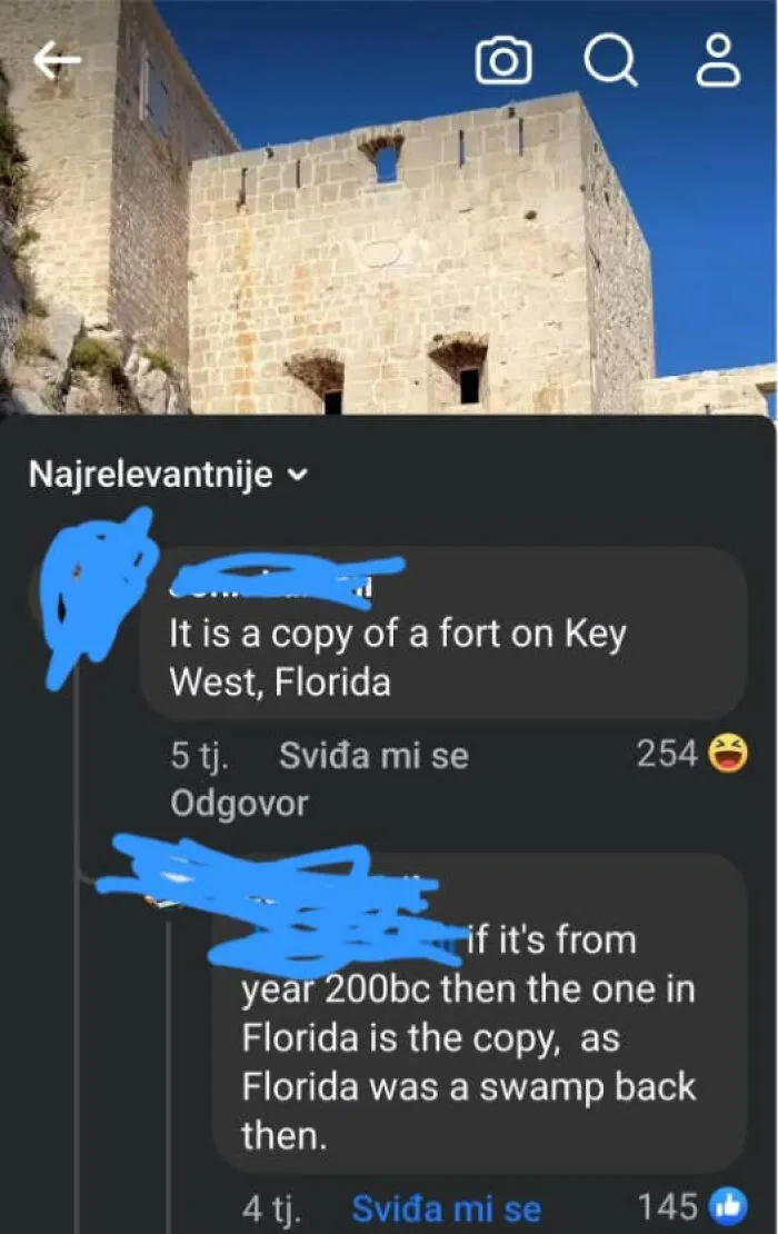 An ancient fort image with silly comments, proving why some Americans shouldn't use their freedom of speech