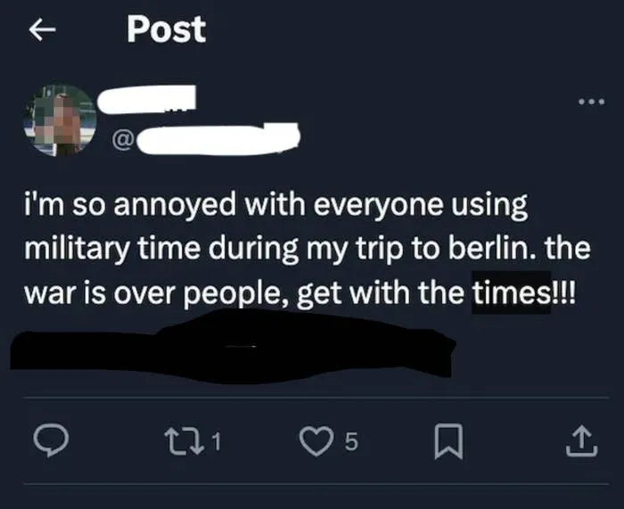 Social media post about military time in Berlin, illustrating funny opinions on freedom of speech.