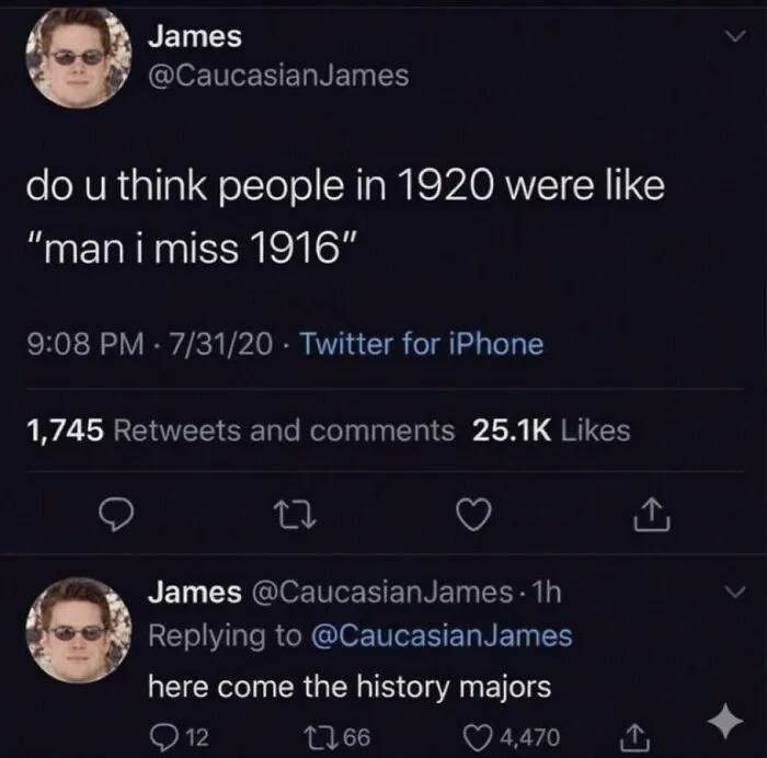 Screenshot of a tweet with a clever reply about history majors.