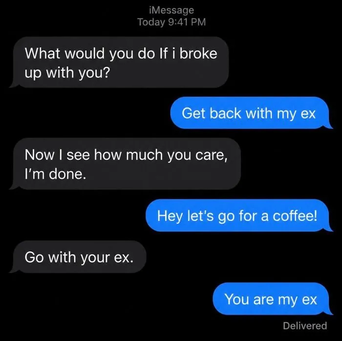 Wholesome memes funny text message thread about breaking up and getting back together.