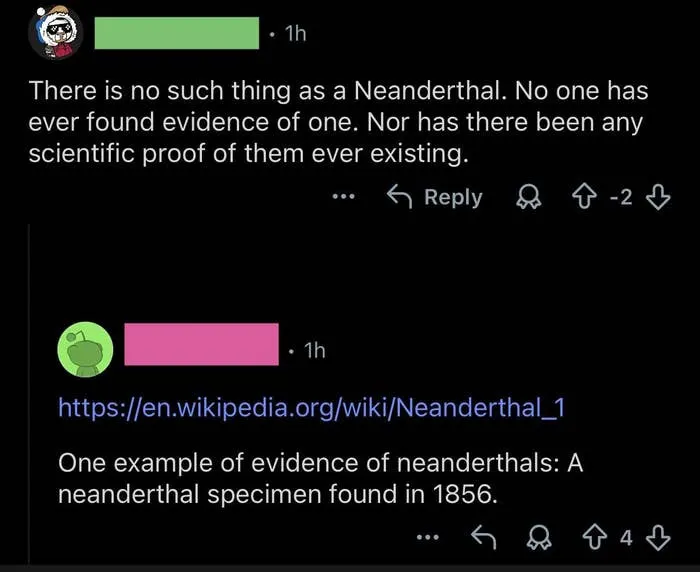 Reddit comment thread about Neanderthal evidence, demonstrating misuse of freedom of speech.