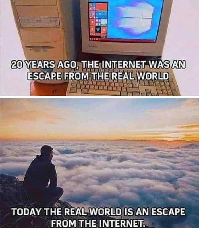 Wholesome memes comparing an old desktop computer setup to a peaceful natural landscape above clouds.