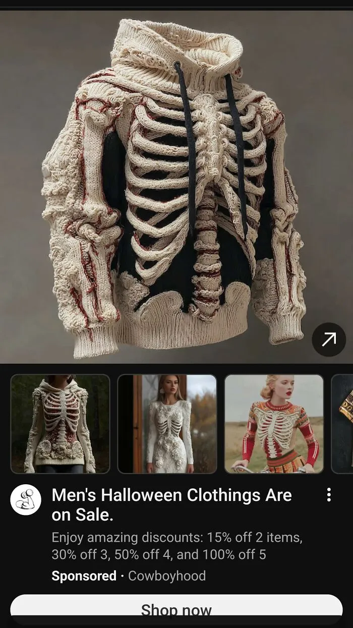 A knitted skeleton hoodie ad listing women as models for men clothing, showing an advertising fail.