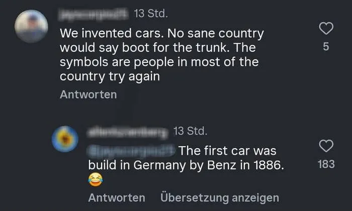 Comments disputing who invented cars, with one pointing out Benz built the first car in Germany.