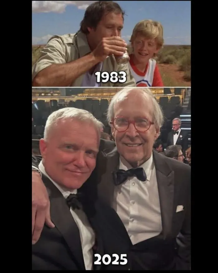 Comparison photo showing Chevy Chase and Anthony Michael Hall in 1983 and present day, a nod to '80s kids.