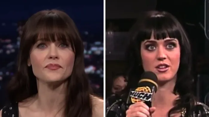 A split screen showing celebrity lookalikes Zooey Deschanel and Katy Perry
