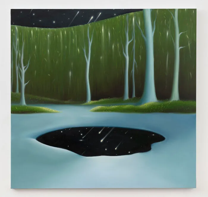 Surreal forest scene with glowing trees and a starry pond by Sarah Lee