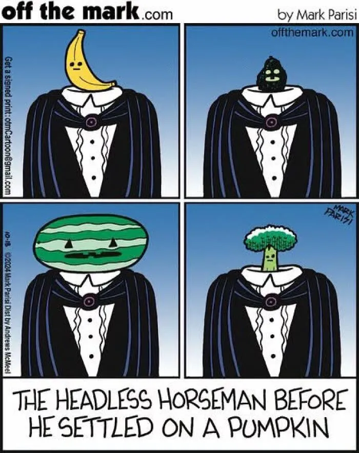 Halloween comics panel showing the Headless Horseman trying different fruits and vegetables as heads.