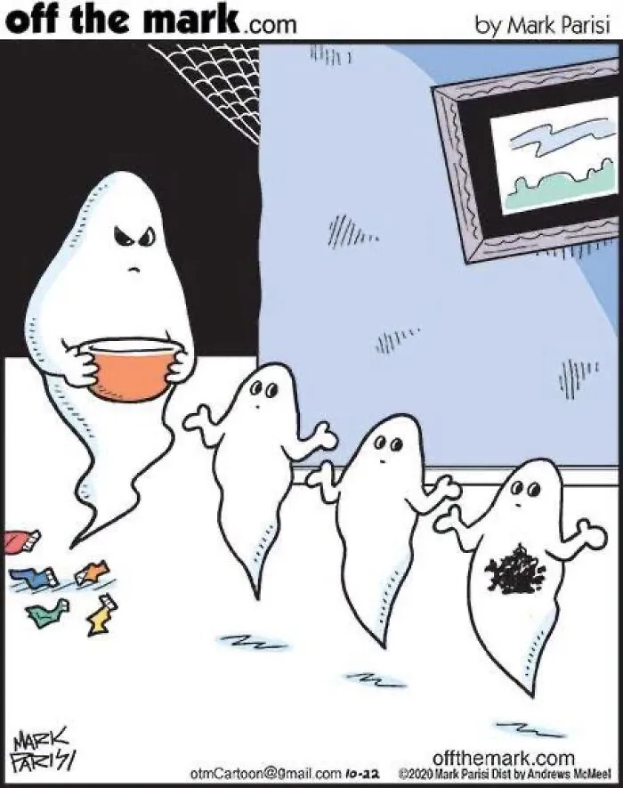 Halloween comic by Mark Parisi with a ghost holding candy while three trick-or-treating ghosts look surprised.