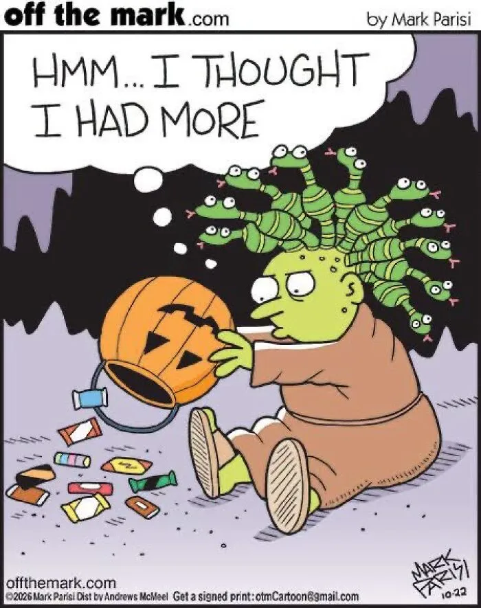 Hilarious Halloween comic by Mark Parisi depicting Medusa's snake hair eating her trick-or-treat candy.