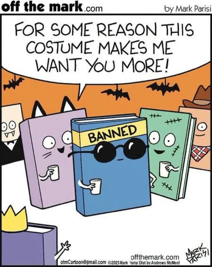 Mark Parisi Halloween comic showing a book dressed in a Banned costume at a party attracting other book characters.