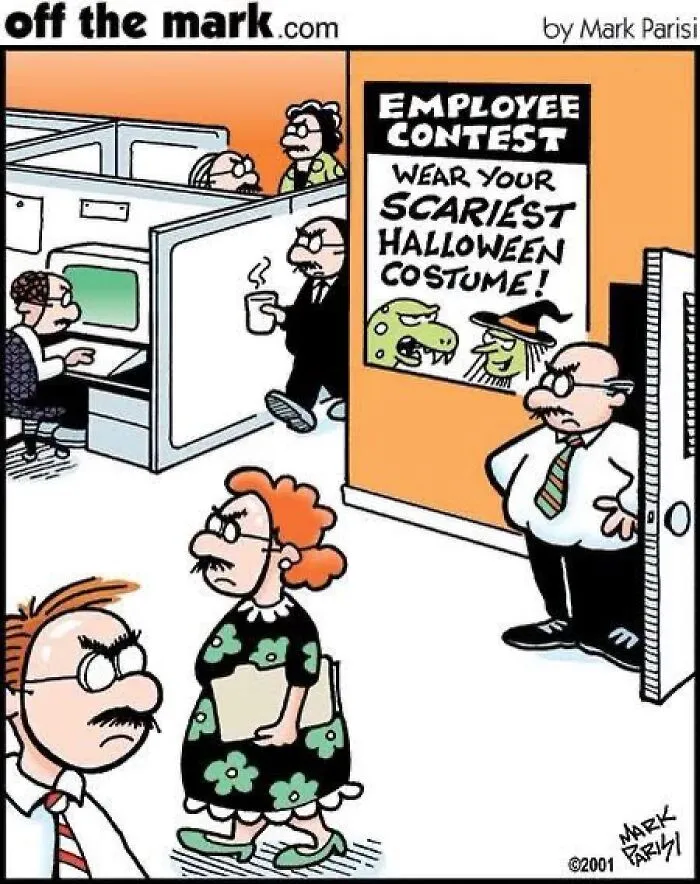 Off the Mark Halloween comic by Mark Parisi showing office workers dressed up as their angry boss.