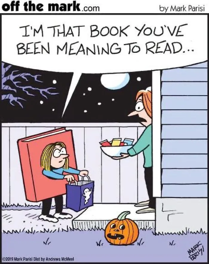 Halloween comic by Mark Parisi featuring a trick-or-treater dressed up as a giant red unread book.