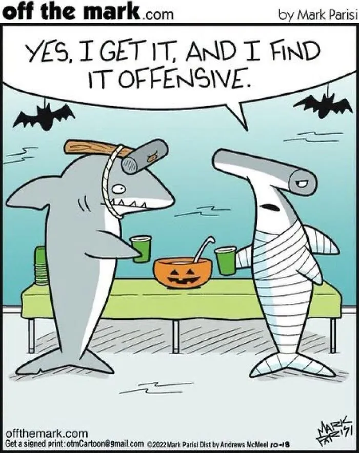 Hilarious Halloween comic by Mark Parisi featuring a hammerhead shark annoyed by another shark dressed as a hammer.
