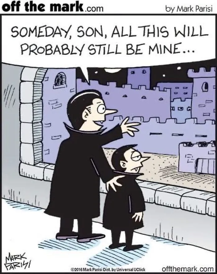 Halloween comic by Mark Parisi depicting a vampire father telling his son he will inherit his castle someday.