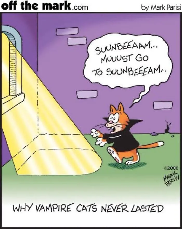 A funny Halloween comic by Mark Parisi featuring a cat dressed as a vampire walking toward a bright sunbeam