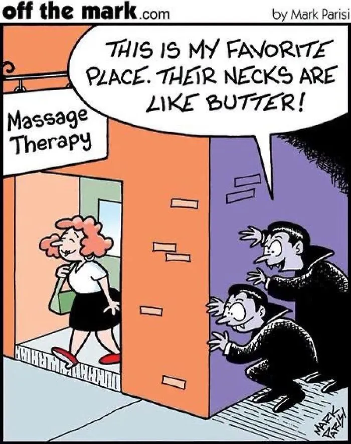 Halloween comics depicting vampires waiting outside a massage therapy clinic.