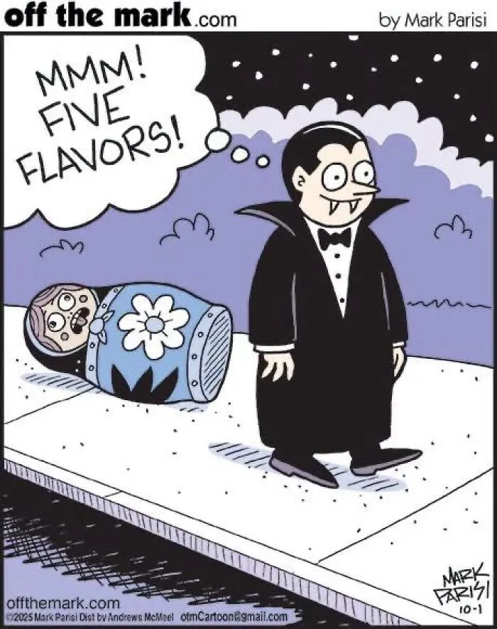 Halloween comics scene with a vampire delighted by finding a Russian nesting doll.