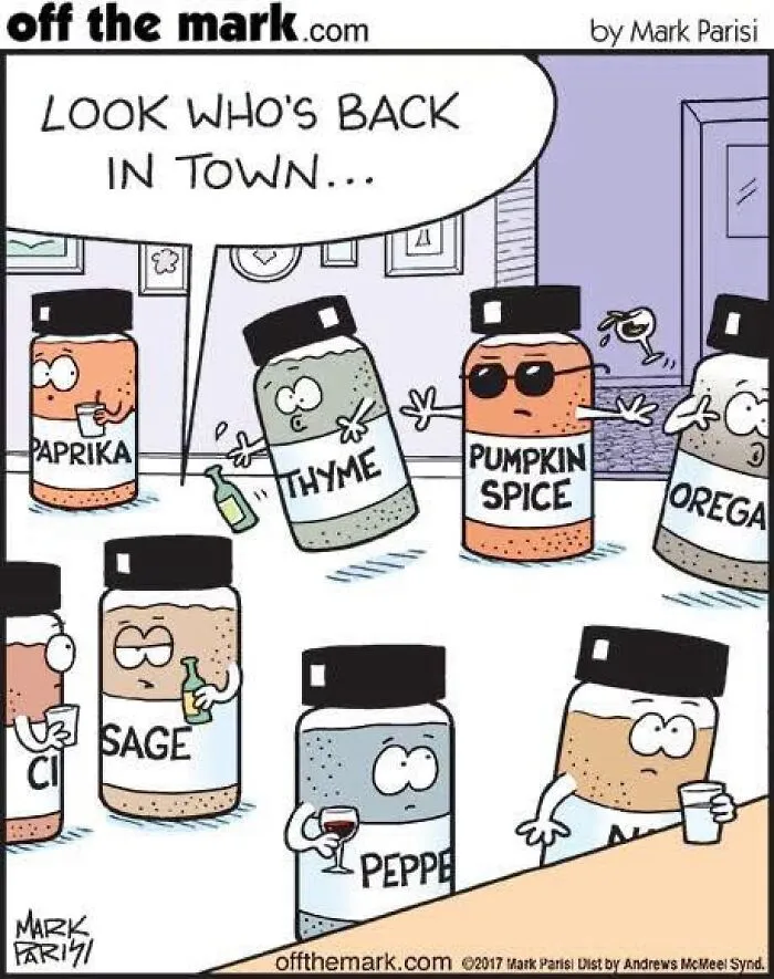 Halloween comics illustration of spice jars at a party welcoming pumpkin spice.