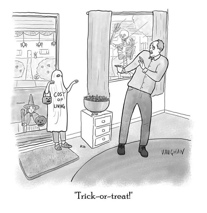 Man scared by skeleton outside window, child dressed as cost of living ghost, comedy comic about trick or treat