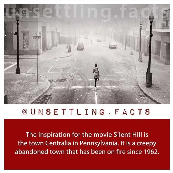A black and white image of a girl running in a foggy, deserted street, illustrating unsettling facts about Silent Hill.
