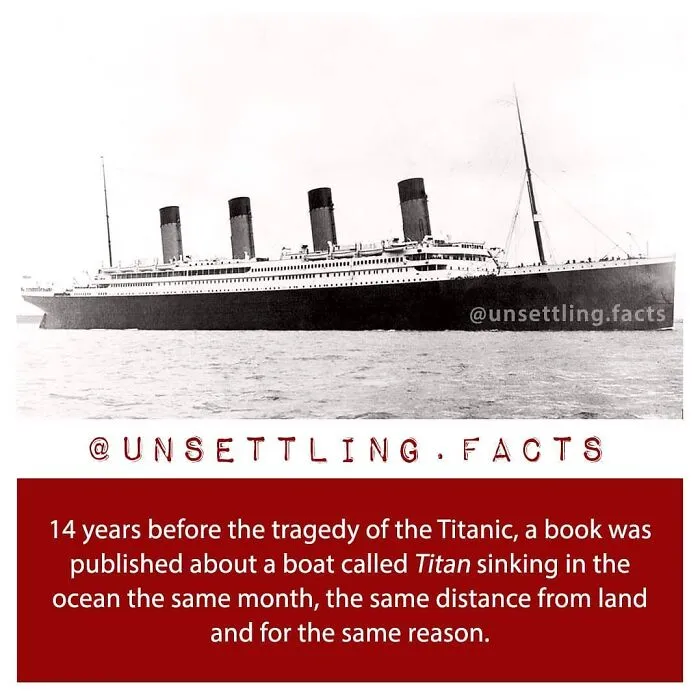 Vintage photograph of the Titanic ship on the ocean, paired with creepy and unsettling facts.