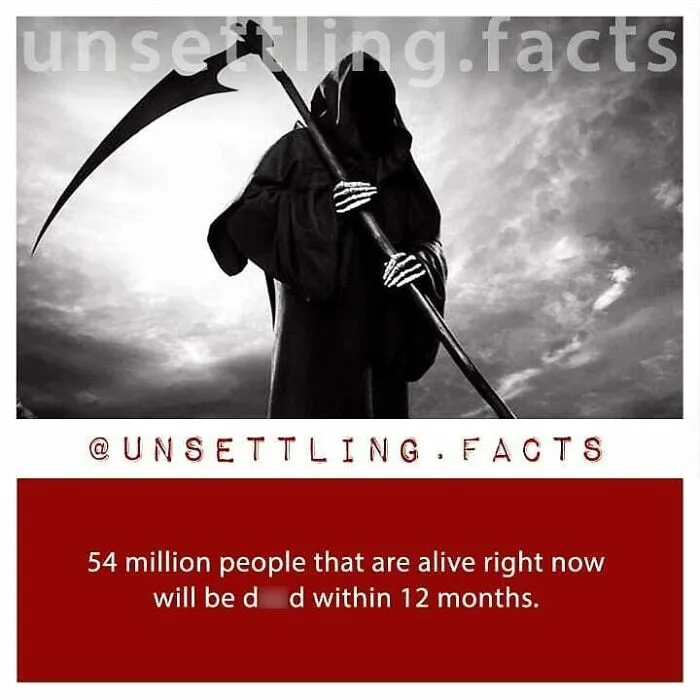 Grim Reaper holding a scythe against a dark sky, highlighting unsettling facts about mortality.