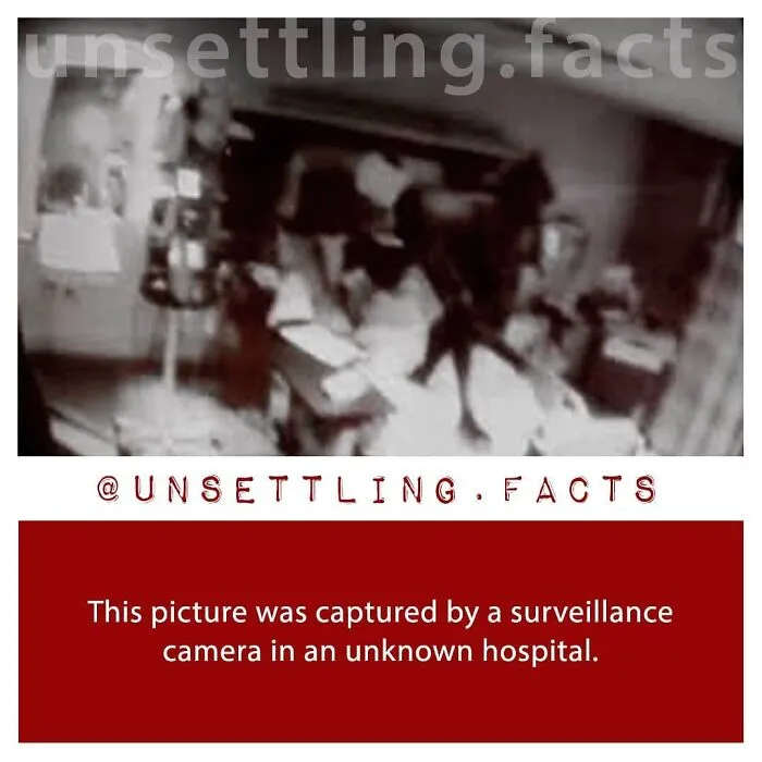 A shadowy figure captured on hospital security footage, representing creepy and unsettling facts.