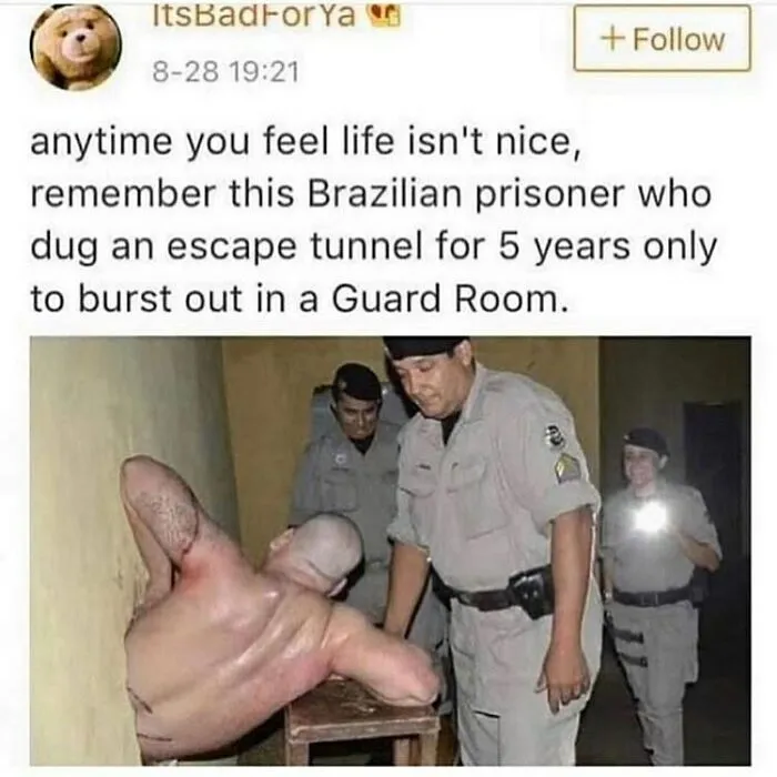 Brazilian prisoner emerging from a wall into a guard room in a hilarious meme.