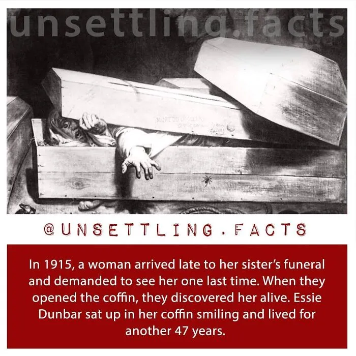 An illustration of a person rising from a coffin with creepy and unsettling facts about Essie Dunbar.