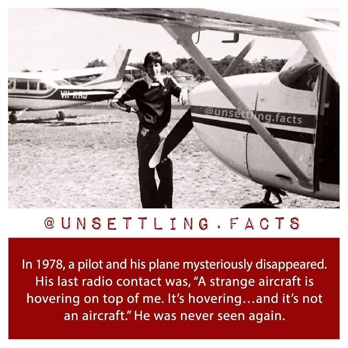 An old photograph of a pilot standing by his plane, illustrating creepy facts about a mysterious disappearance.