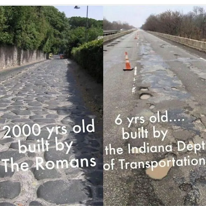 Funny comparison meme showing ancient Roman stone road next to a pothole-filled modern road.