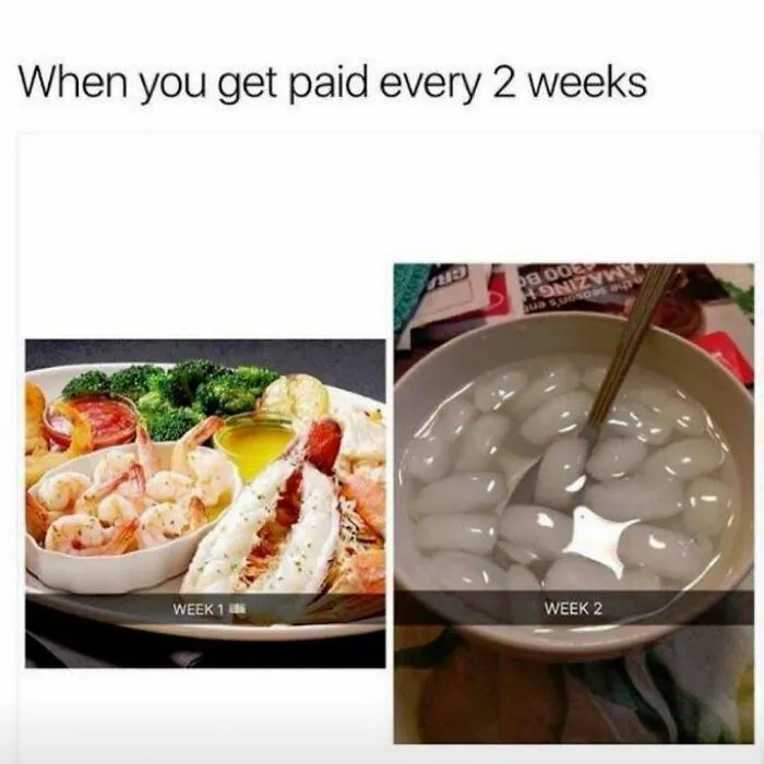 Relatable redneck meme contrasting a seafood dinner on payday week one with ice water on week two.